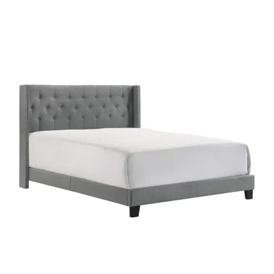 Hivvago Lih Modern Wingback Queen Bed, Button Tufted Headboard, Nailhead Trim, Gray