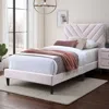 Hivvago Lilian Full Bed, Tufted Light Pink Velvet Upholstery, Chevron Stitch