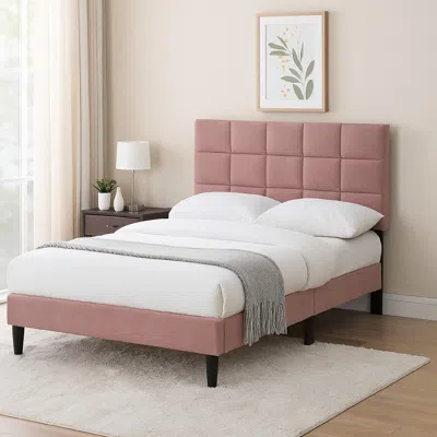 Hivvago Lilian Full Bed, Tufted Pink Linen Upholstery, Biscuit Tufted Stitch