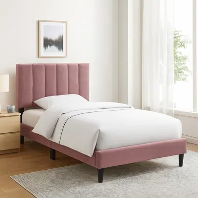 Hivvago Lilian Full Size Bed, Blush Pink Linen Upholstery, Channel Tufted In White