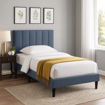Hivvago Lilian Twin Bed, Soft Channel Tufted Charcoal Gray Linen Upholstery In Blue