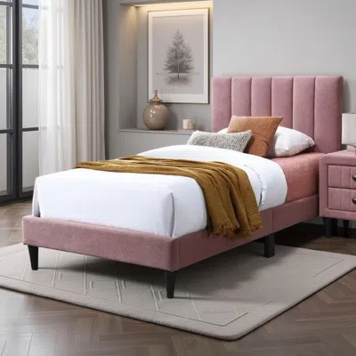 Hivvago Lilian Twin Size Bed, Blush Pink Linen Upholstery, Channel Tufted