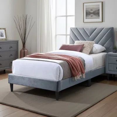 Hivvago Lilian Twin Size Bed, Tufted Gray Velvet Upholstery, Chevron Stitch