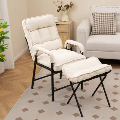 Hivvago Linen Fabric Modern Accent Chair With Ottoman And Adjustable Backrest-beige In White