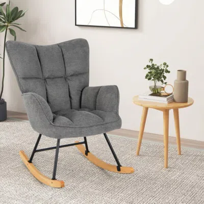 Hivvago Linen Nursery Rocking Chair With High Backrest And Padded Armrests-gray In Blue