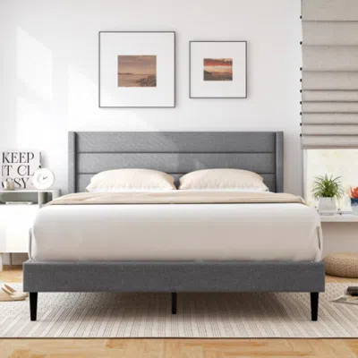 Hivvago Linen Upholstered Platform Twin/queen Bed Frame With Wingback Headboard-queen Size