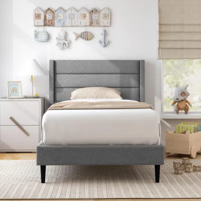 Hivvago Linen Upholstered Platform Twin/queen Bed Frame With Wingback Headboard-twin Size