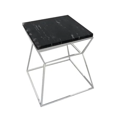 Hivvago Lio 18 Inch Side End Table, Black Marble Top, Silver Open Hourglass Frame