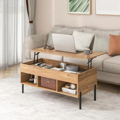 Hivvago Living Room Central Table With Lifting Tabletop And Metal Legs-natural