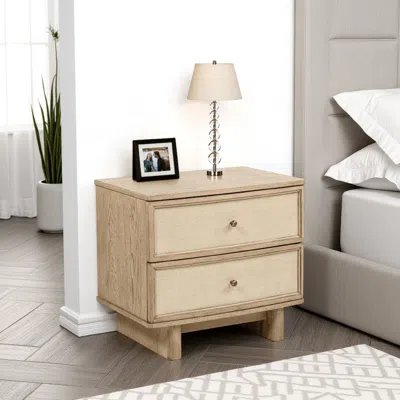 Hivvago Lno Nightstand, 2 Cane Accent Drawers W Brass Knobs, Usb, Oak Beige In Brown