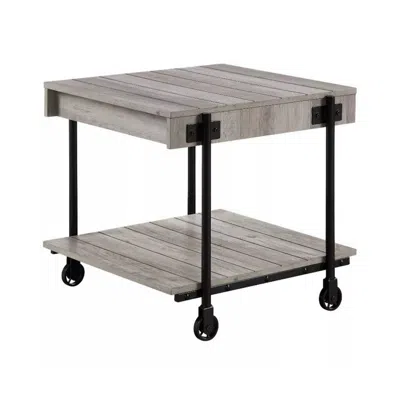Hivvago Loak 24 Inch Side End Table, Plank Design, Caster Wheels, Brown, Black In Gray