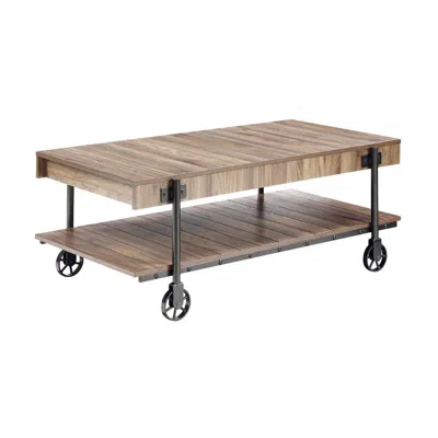 Hivvago Loak 47 Inch Coffee Table, Brown Plank Top, Bottom Shelf, Wheels, Black