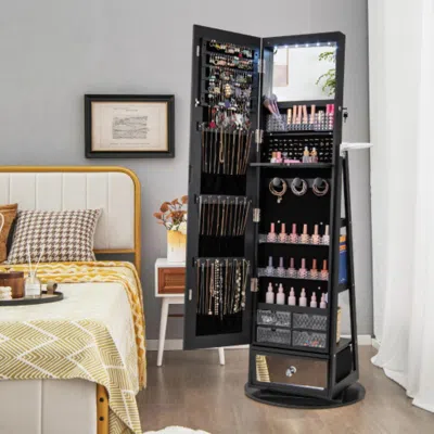 Hivvago Lockable 360â° Swivel Jewelry Cabinet With Full-length Mirror Led Lights-black