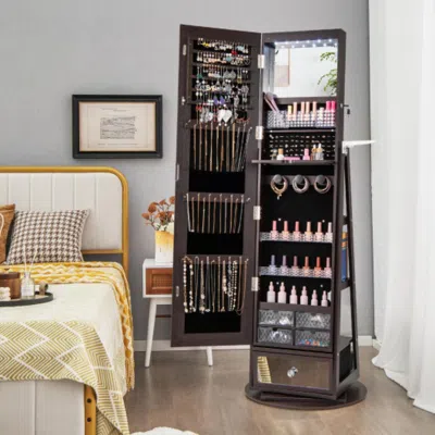 Hivvago Lockable 360â° Swivel Jewelry Cabinet With Full-length Mirror Led Lights-dark Brown In Black
