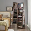 Hivvago Lockable 360â° Swivel Jewelry Cabinet With Full-length Mirror Led Lights-rustic Brown