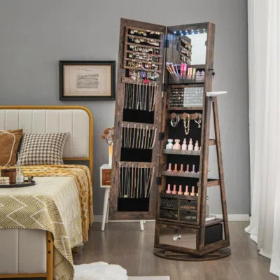 Hivvago Lockable 360â° Swivel Jewelry Cabinet With Full-length Mirror Led Lights-rustic Brown