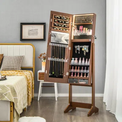 Hivvago Lockable Jewelry Armoire Standing Cabinet With Lighted Full-length Mirror-walnut