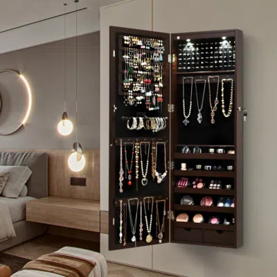 Hivvago Lockable Wall Mount Mirrored Jewelry Cabinet With Led Lights-brown