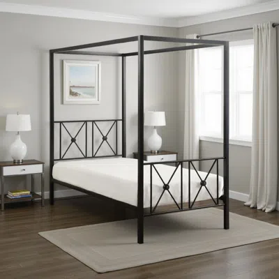 Hivvago Lone Metal Canopy Bed Twin Size, Square Posts, Platform Base, Modern Black