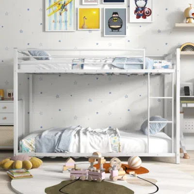 Hivvago Low Profile Twin Over Twin Metal Bunk Bed With Full-length Guardrails-white