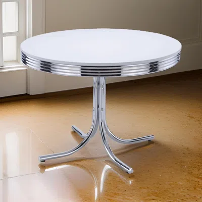 Hivvago Loy 42 Inch Round Dining Table, Glossy White Wood Top, Ribbed Chrome Apron In Metallic