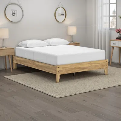 Hivvago Maci Queen Platform Bed, Natural Light Brown Wood, Low Profile Legs In Neutral