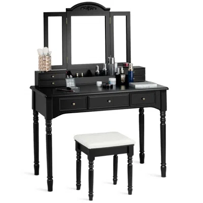 Hivvago Makeup Dressing Table With Tri-folding Mirror And Cushioned Stool For Women