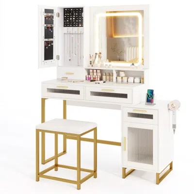 Hivvago Makeup Vanity Desk Dressing Table And Stool Set With Lighted Mirror-white