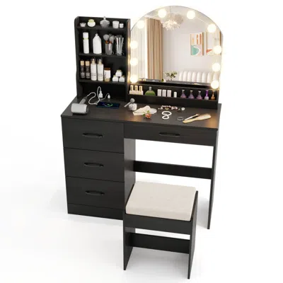 Hivvago Makeup Vanity Desk Dressing Table And Stool Set With Mirror And Lights In Black