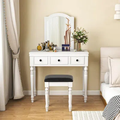 Hivvago Makeup Vanity Table And Stool Set With Detachable Mirror And 3 Drawers Storage-white
