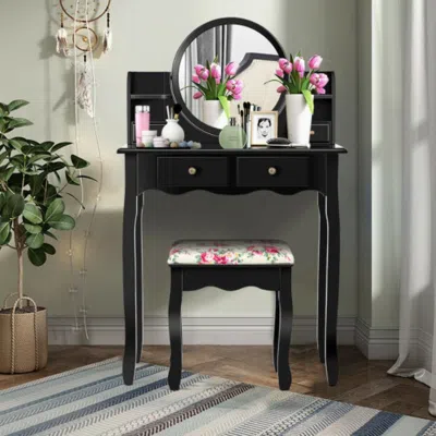 Hivvago Makeup Vanity Table Set Girls Dressing Table With Drawers Oval Mirror-black
