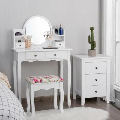 Hivvago Makeup Vanity Table Set Girls Dressing Table With Drawers Oval Mirror-white