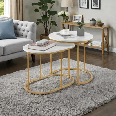 Hivvago Marble-style Nesting Table Set For Modern Living Spaces In White