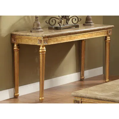 Hivvago Marble Top Sofa Table With Fluted Detail Wooden Turned Legs, Gold