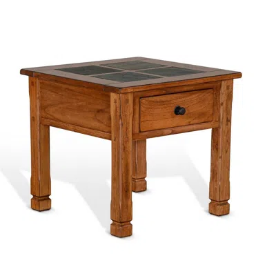 Hivvago Marv Side End Table W Drawer, 26 Inch Square Slate Inlay Top, Brown