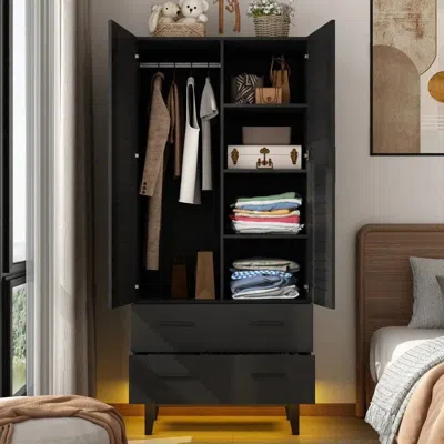 Hivvago Matte Black Mid-century Wardrobe Armoire With Louver Doors And Led Lights