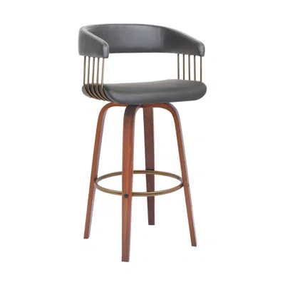 Hivvago Maya 31 Inch Swivel Barstool Chair, Gray Faux Leather, Bronze, Walnut Brown