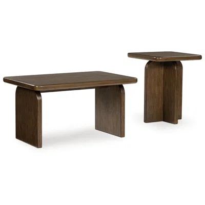Hivvago Medy 2pc Coffee And End Table Set, Wide Geometric Base, Textured Brown