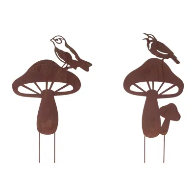 Hivvago Metal Bird And Mushroom Garden Stake (set Of 2) In Brown