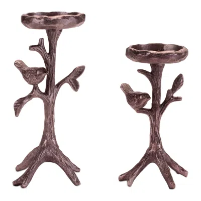 Hivvago Metal Bird Branch Candle Holder (set Of 2) In Metallic