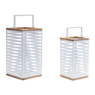 Hivvago Metal Box Lantern With Natural Wood Accents (set Of 2) In White
