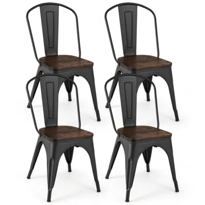 Hivvago Metal Dining Chairs Set Of 4 Tolix Style Stackable Kitchen Chairs With Wood Seat In Black