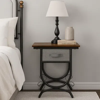 Hivvago Metal Frame Side Table With Carved Design And Fabric Storage In Black