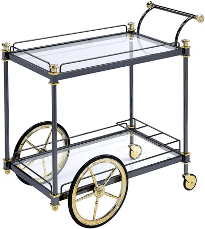 Hivvago Metal Framed Serving Cart With Glass Shelves And Side Handle, Black And Gold