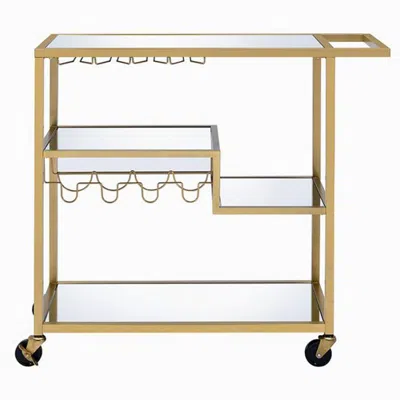 Hivvago Metal Framed Serving Cart With Wine Bottle Holder And Stemware, Gold And Clear