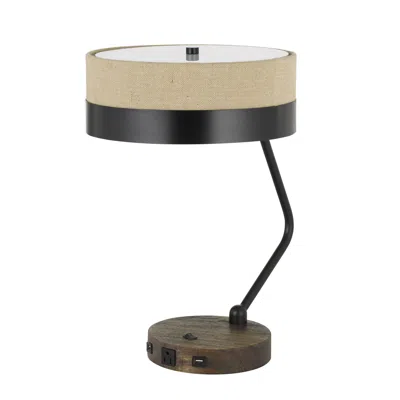 Hivvago Metal Lined Fabric Shade Desk Lamp With Wooden Base, Beige And Black