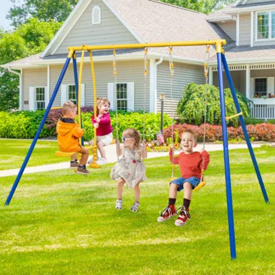 Hivvago Metal Swing Set For Backyard With 2 Swing Seats And 2 Glider Seats-blue In Burgundy