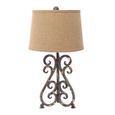 Hivvago Metal Table Lamp With Scroll Design Base And 2 Way Switch,bronze And Beige