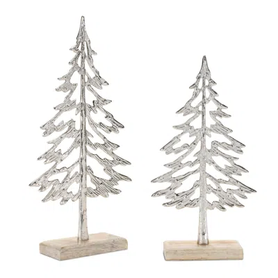 Hivvago Metal Tree With Wood Base (set Of 2) In Metallic