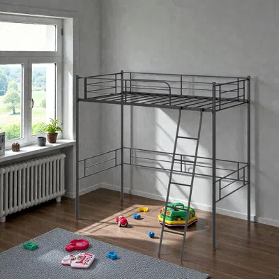 Hivvago Metal Twin Loft Bed Frame With Built-in Ladder And Safety Guardrails In Gray